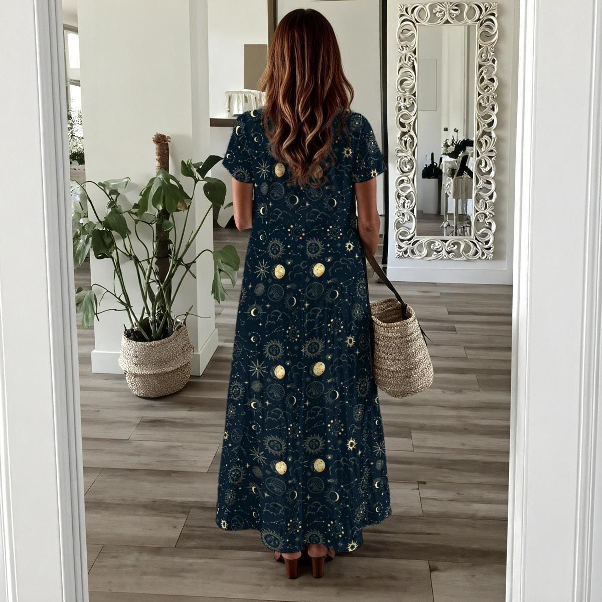 Celestial Maxi Dress, Navy Moon Sun Star Print, Boho Vacation Outfit