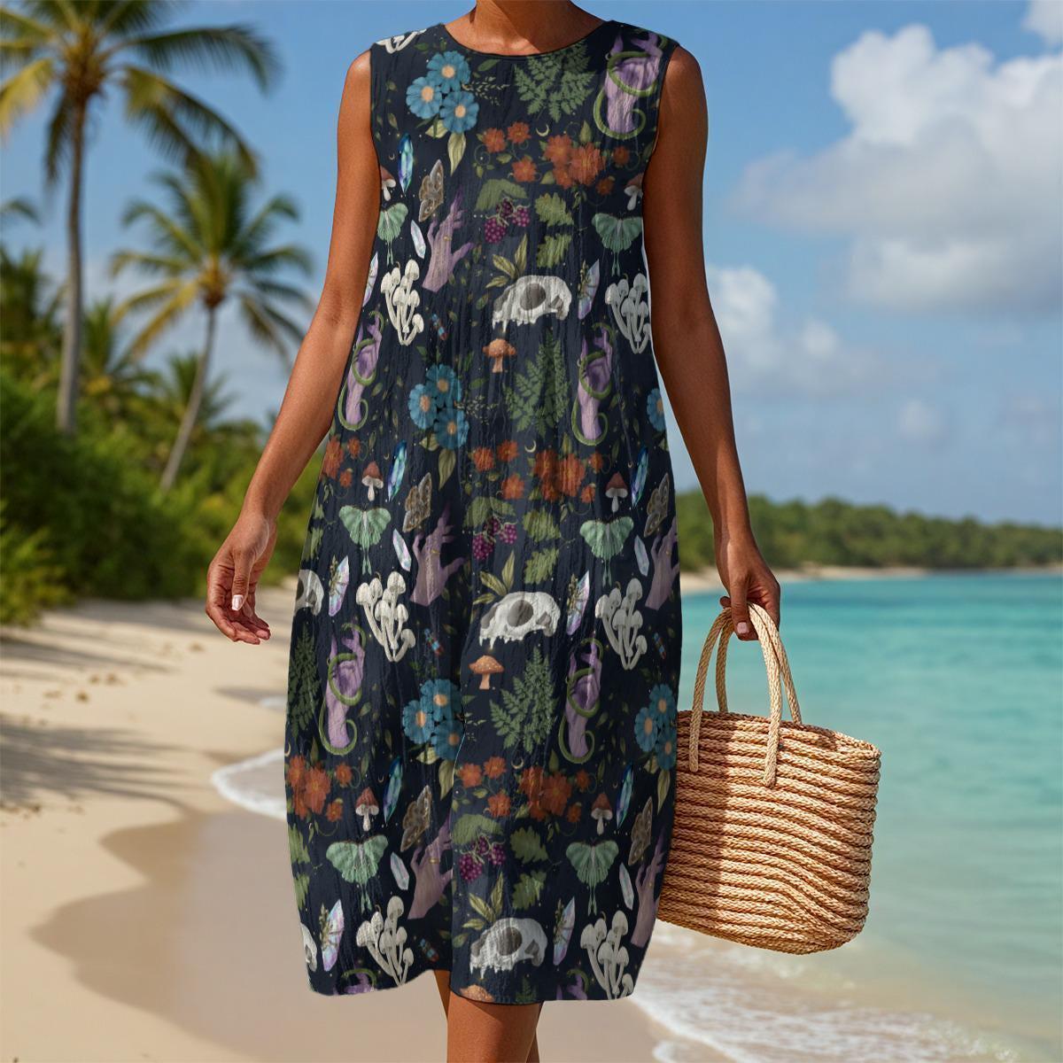 Dark Botanical Midi Dress, Woodland Animal Print, Sleeveless A-Line Cottagecore Style