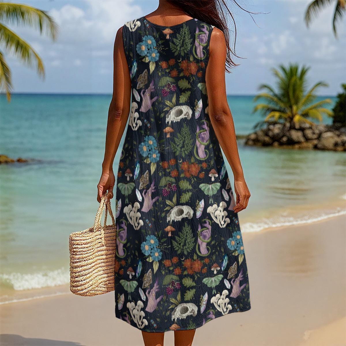 Dark Botanical Midi Dress, Woodland Animal Print, Sleeveless A-Line Cottagecore Style