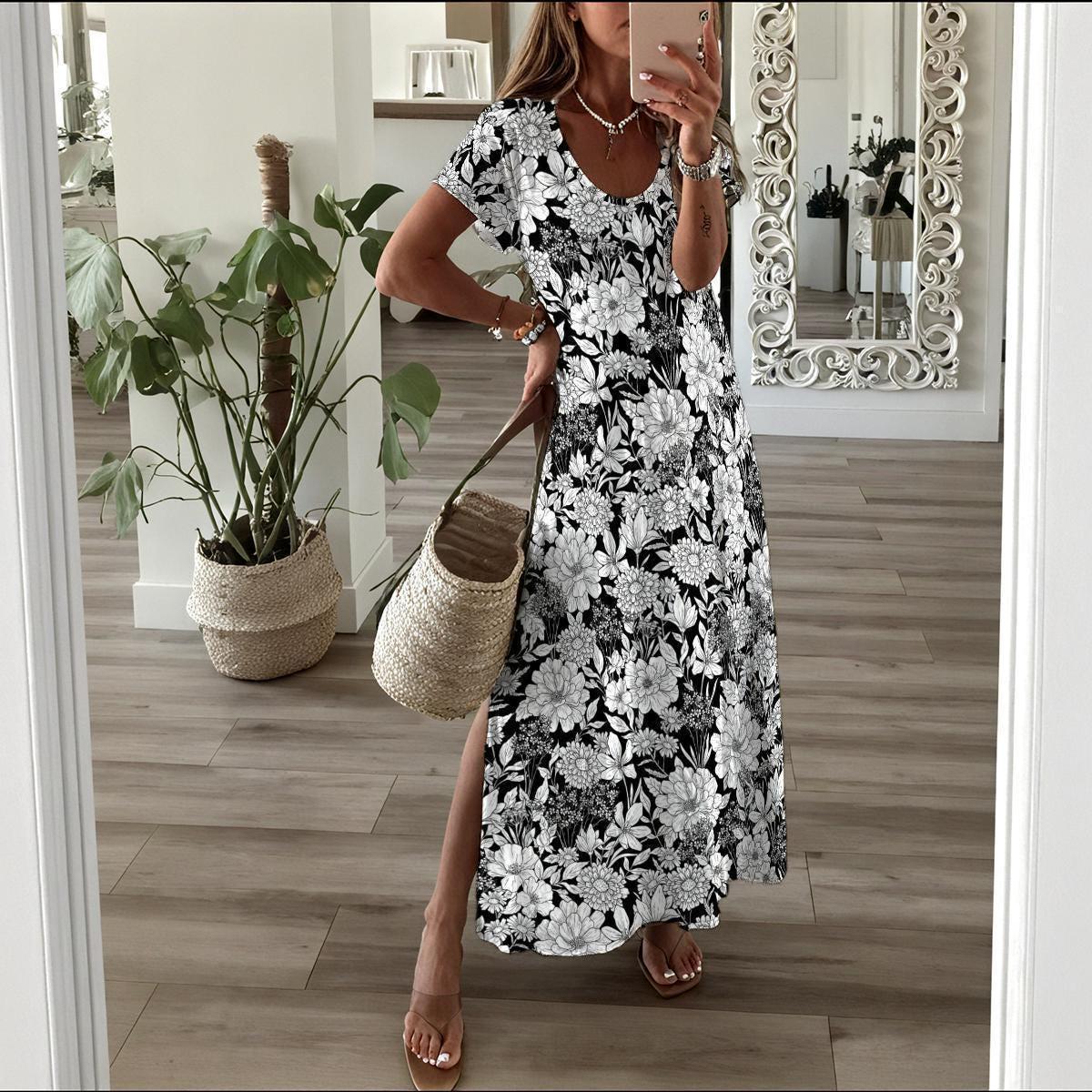 Black White Floral Maxi Dress, Botanical Print, Short Sleeve, Side Slit, Resort Wear