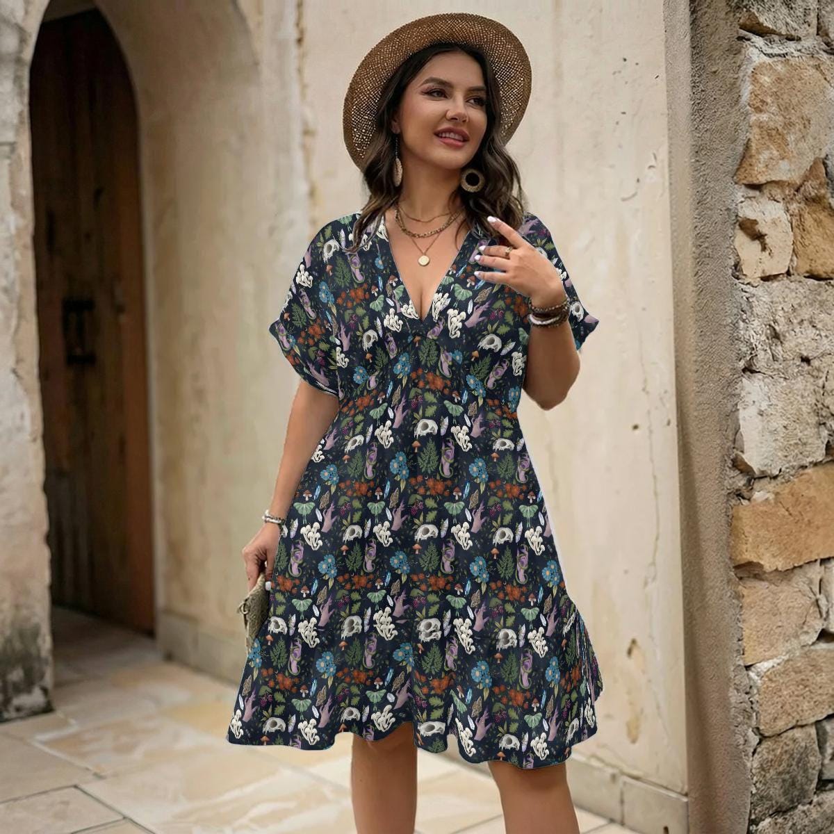 Mushroom Floral Babydoll Dress, Dark Woodland V Neck Mini Sundress
