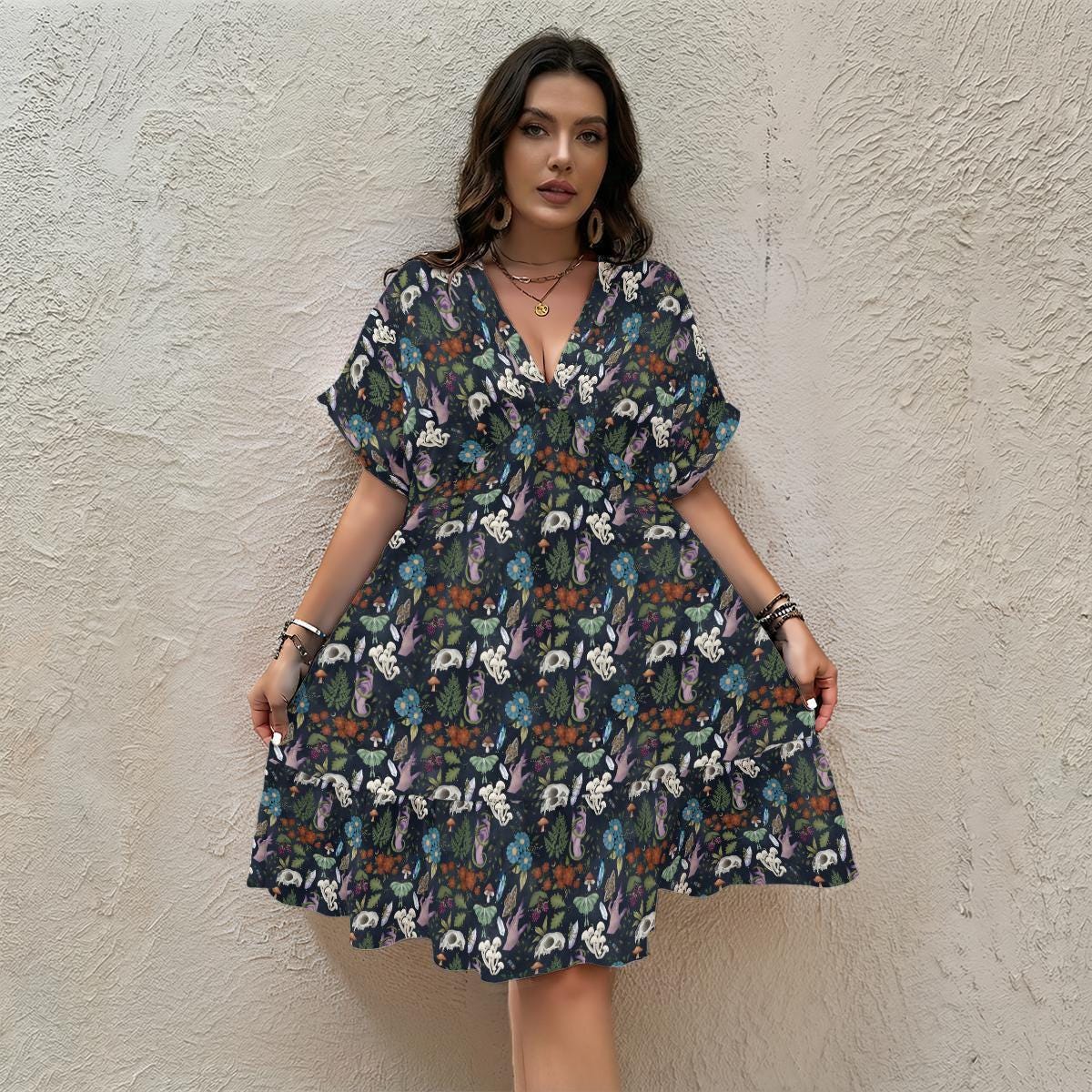 Mushroom Floral Babydoll Dress, Dark Woodland V Neck Mini Sundress