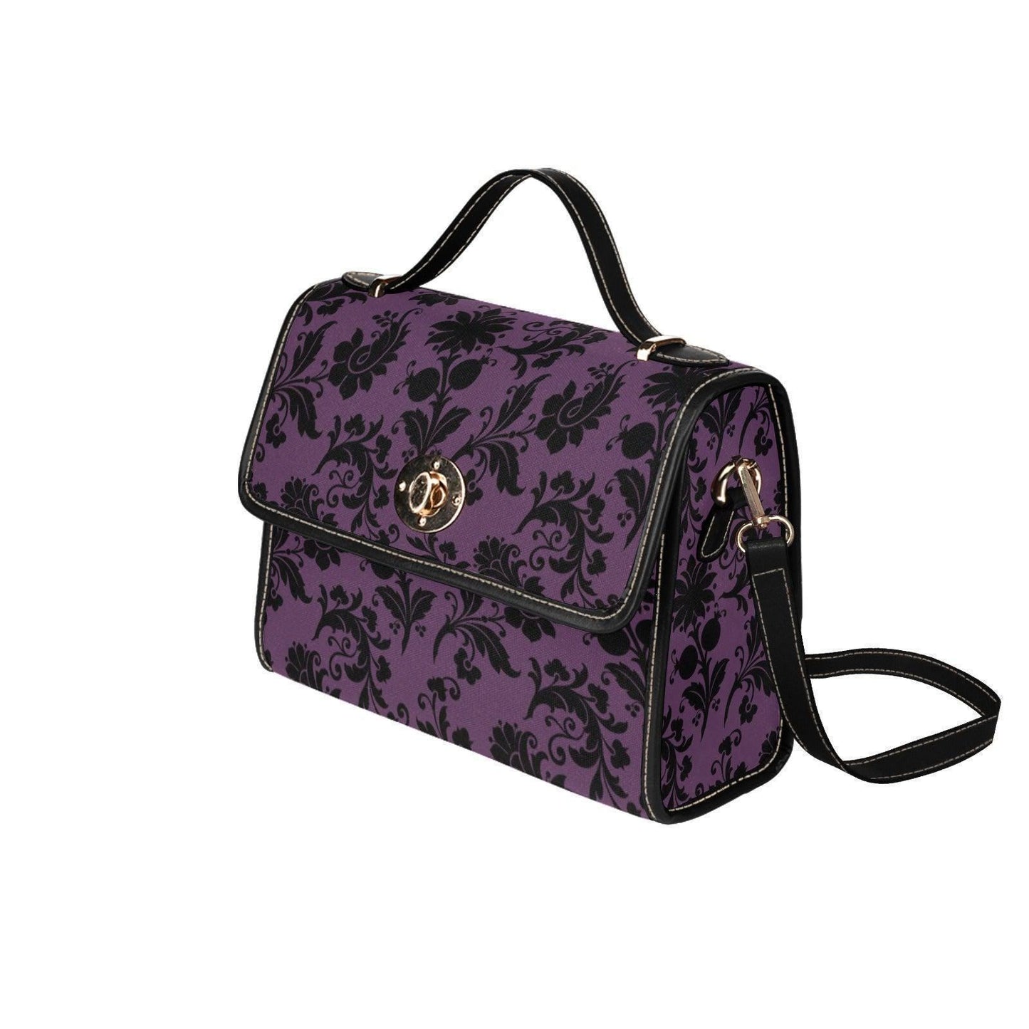 Purple Damask Top Handle Handbag, Victorian Baroque Floral Evening Purse