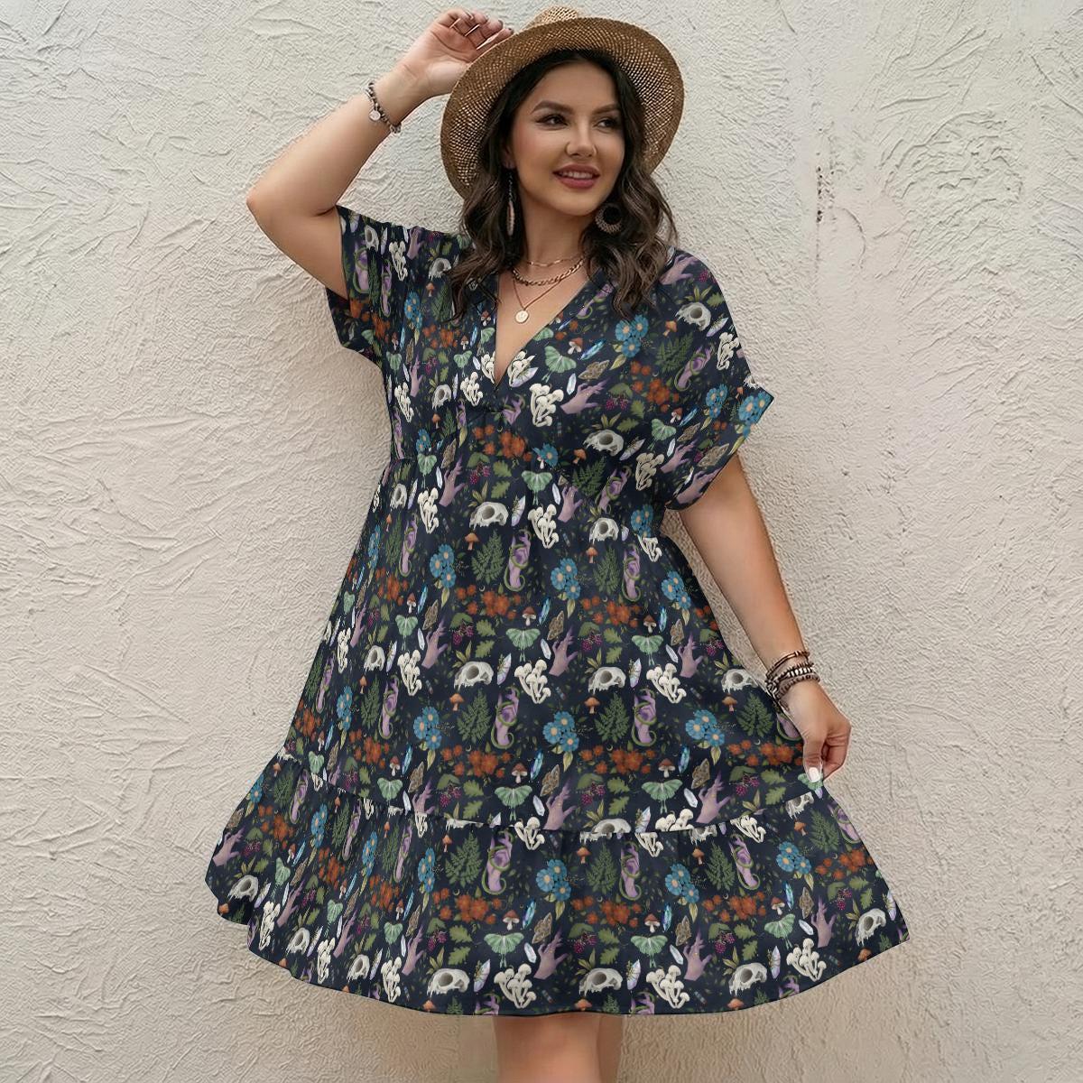 Mushroom Floral Babydoll Dress, Dark Woodland V Neck Mini Sundress