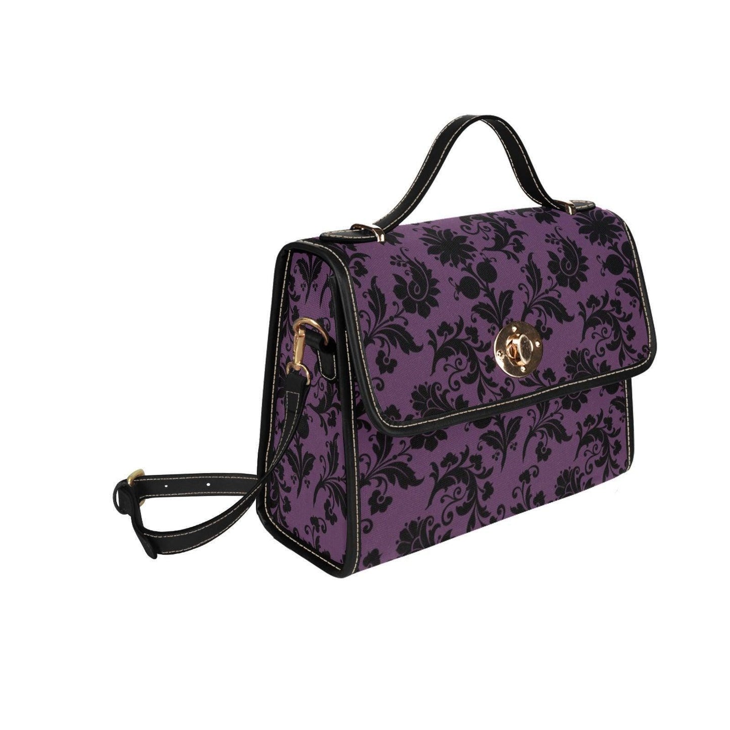 Purple Damask Top Handle Handbag, Victorian Baroque Floral Evening Purse