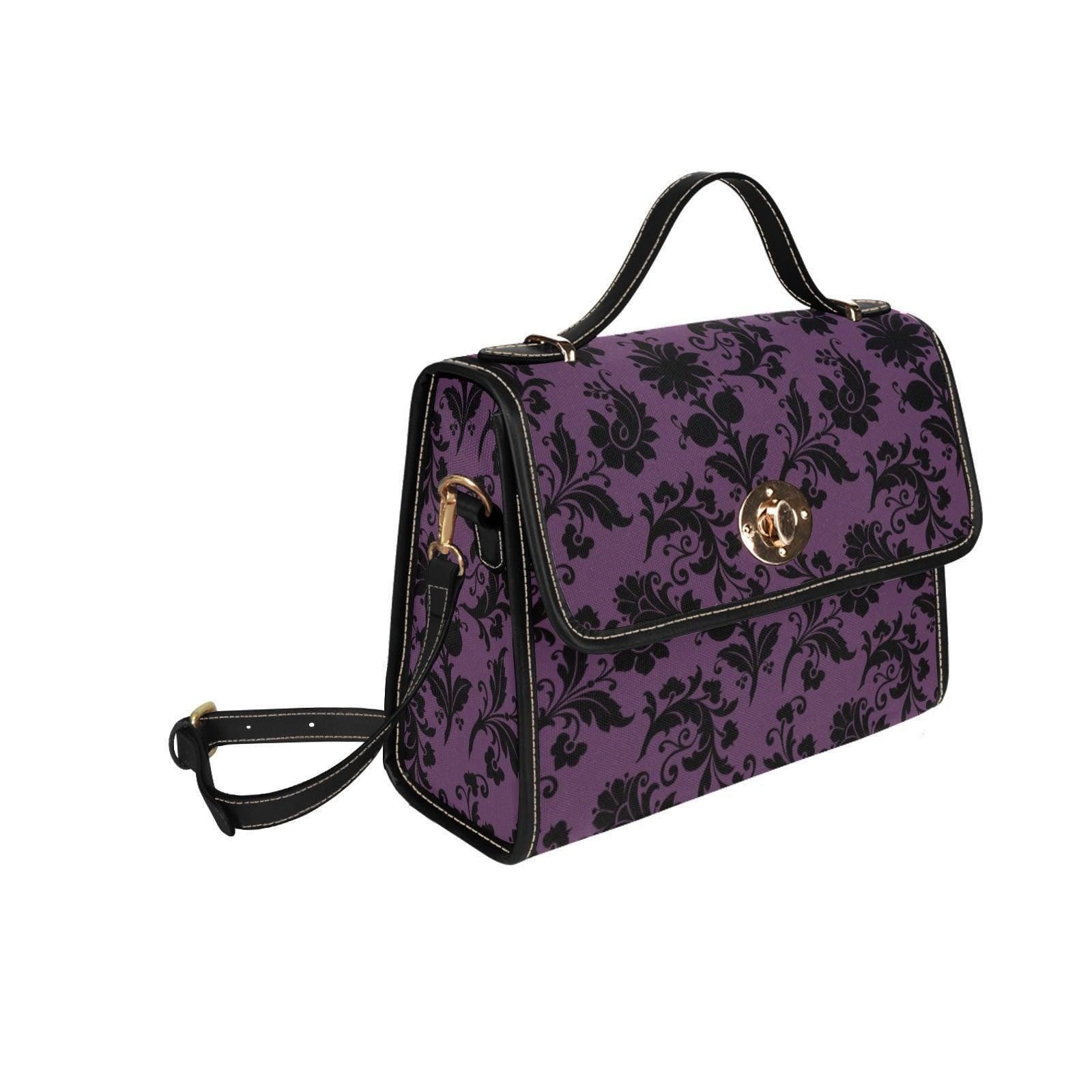 Purple Damask Top Handle Handbag, Victorian Baroque Floral Evening Purse