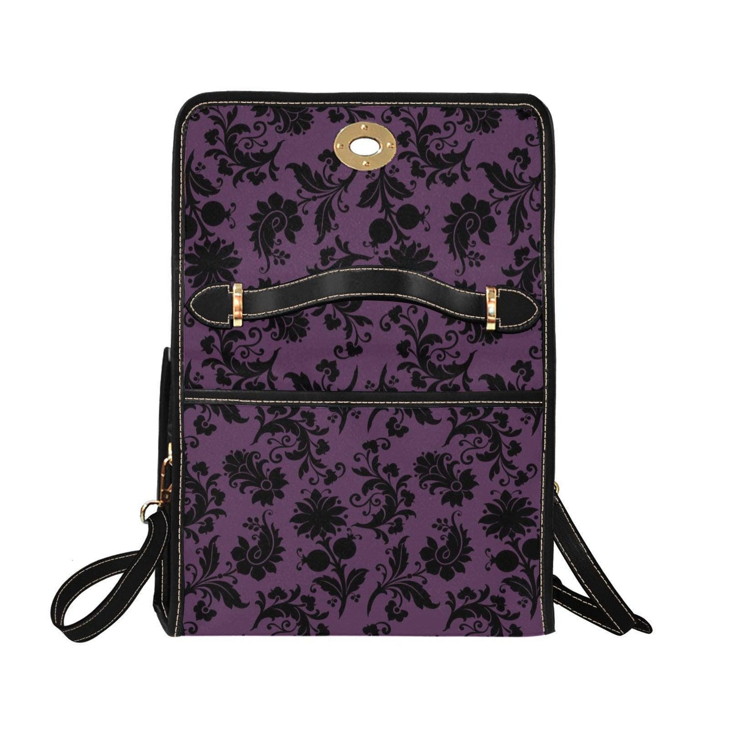 Purple Damask Top Handle Handbag, Victorian Baroque Floral Evening Purse