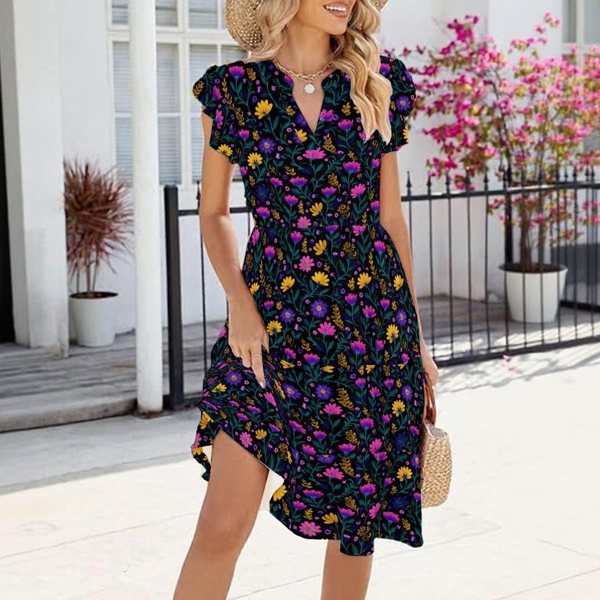 Wildflower Tiered Midi Dress, Colorful Floral Garden Party Dress, Bright Botanical Flutter Sleeve Outfit