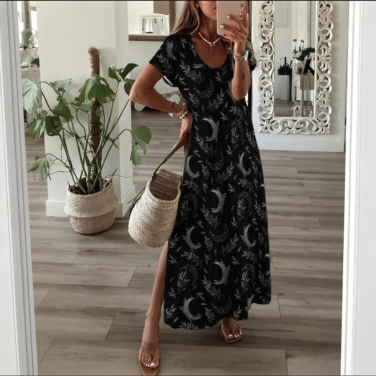 Black Crescent Moon Maxi Dress, Celestial Botanical Print, Boho Vacation Outfit