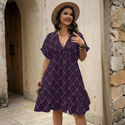 Purple Skull Print Mini Dress, Gothic Boho V-Neck Swing Outfit