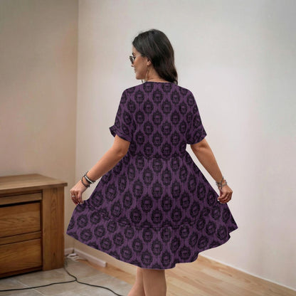 Purple Skull Print Mini Dress, Gothic Boho V-Neck Swing Outfit