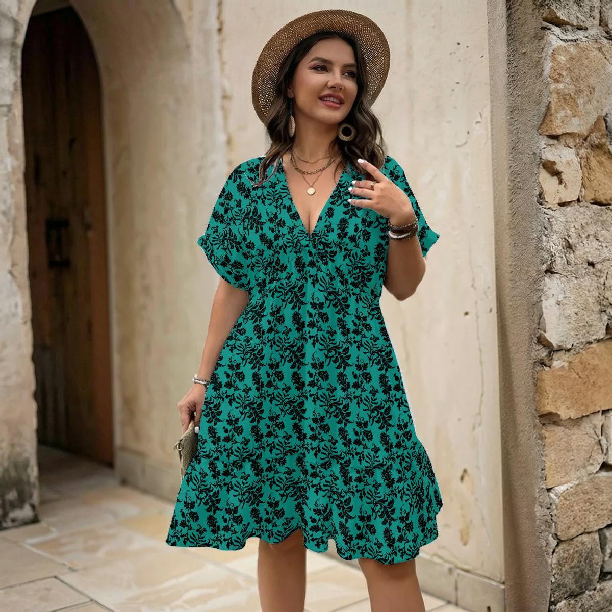 Teal Damask Mini Dress, Vintage Inspired V-Neck, Boho Short Sleeve Sundress