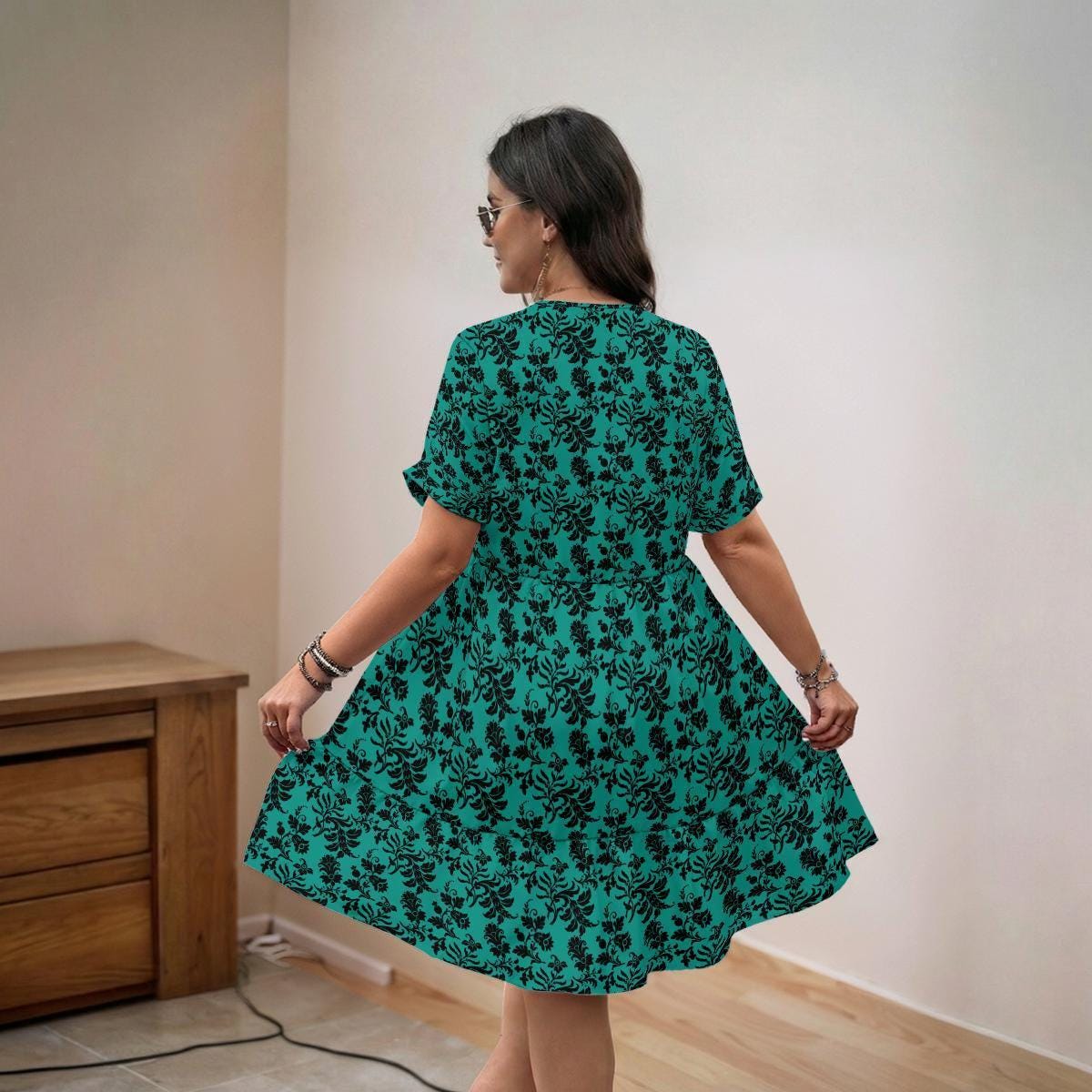 Teal Damask Mini Dress, Vintage Inspired V-Neck, Boho Short Sleeve Sundress