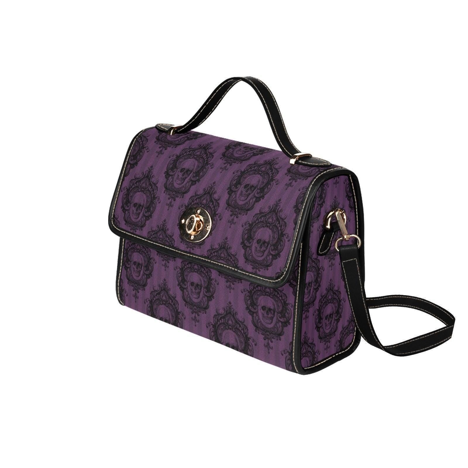 Gothic Skull Handbag, Purple Victorian Damask Satchel, Dark Academia Top Handle Bag