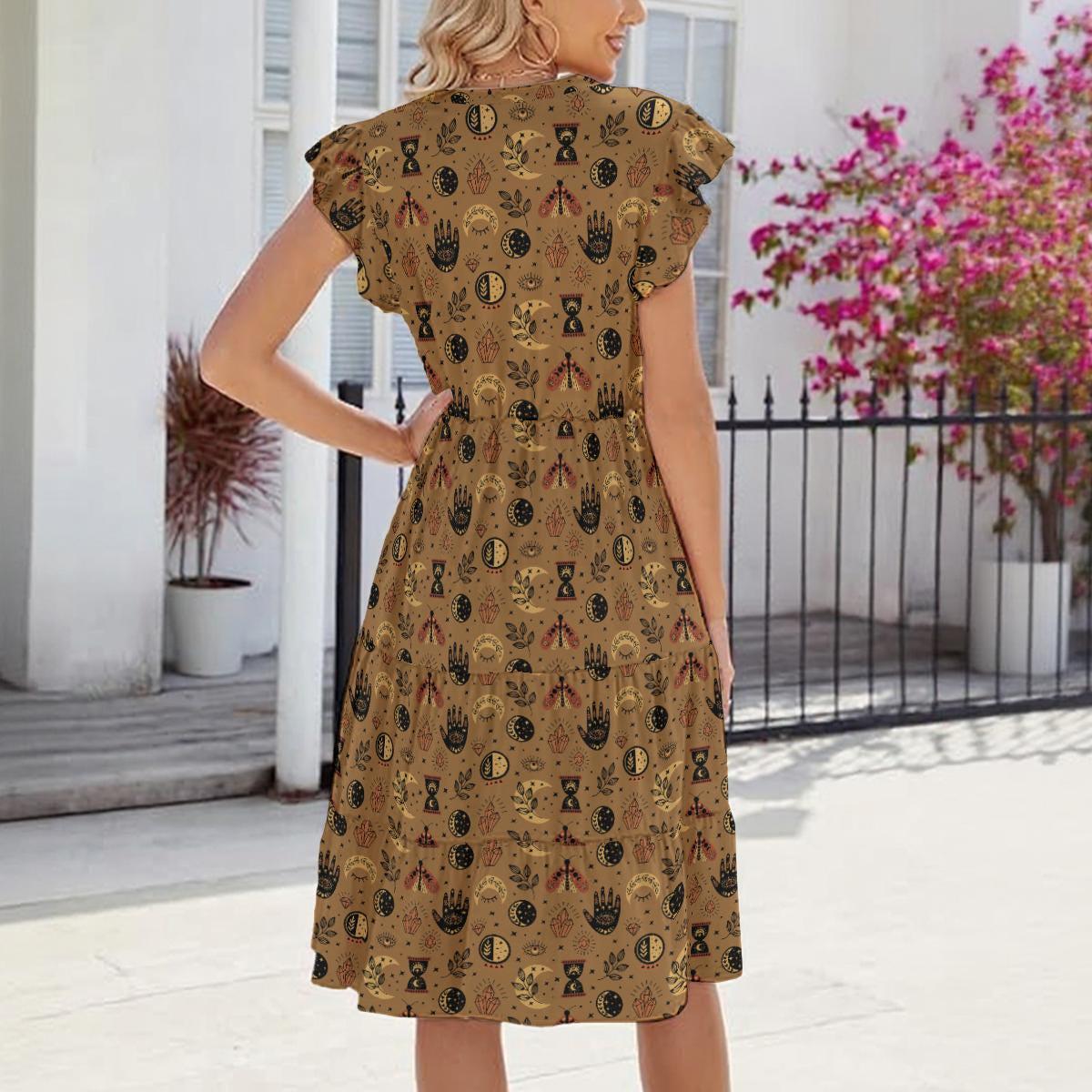 Celestial Print Midi Dress, Moon Phases, Mystical Symbols, Boho Charm, V-Neck, Flowing Silhouette