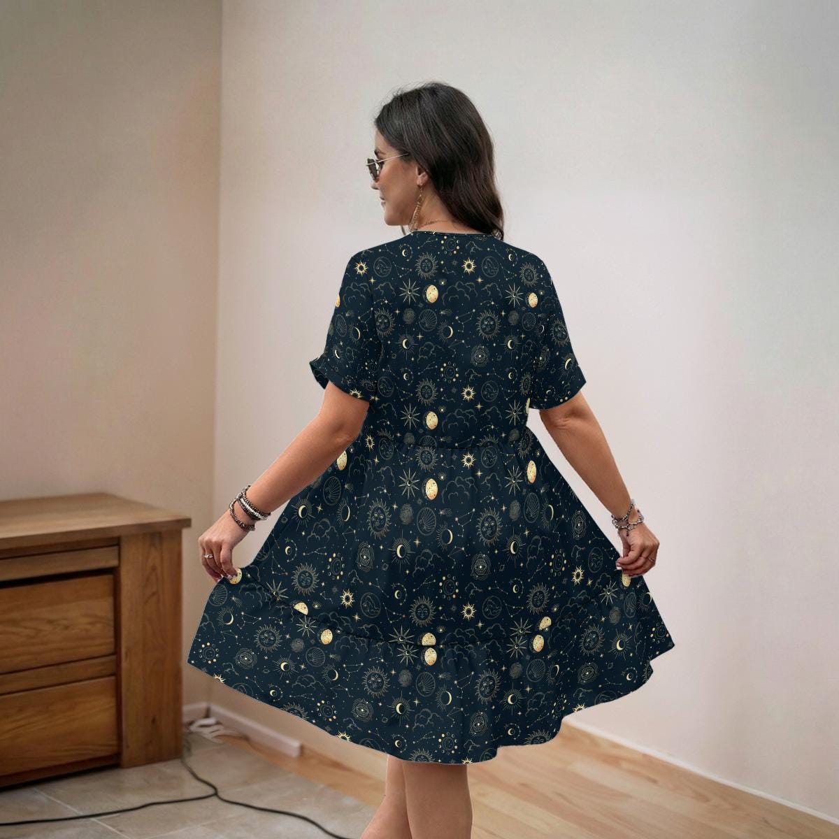 Celestial Sun Moon Babydoll Mini Dress, Navy Boho Astrology Print
