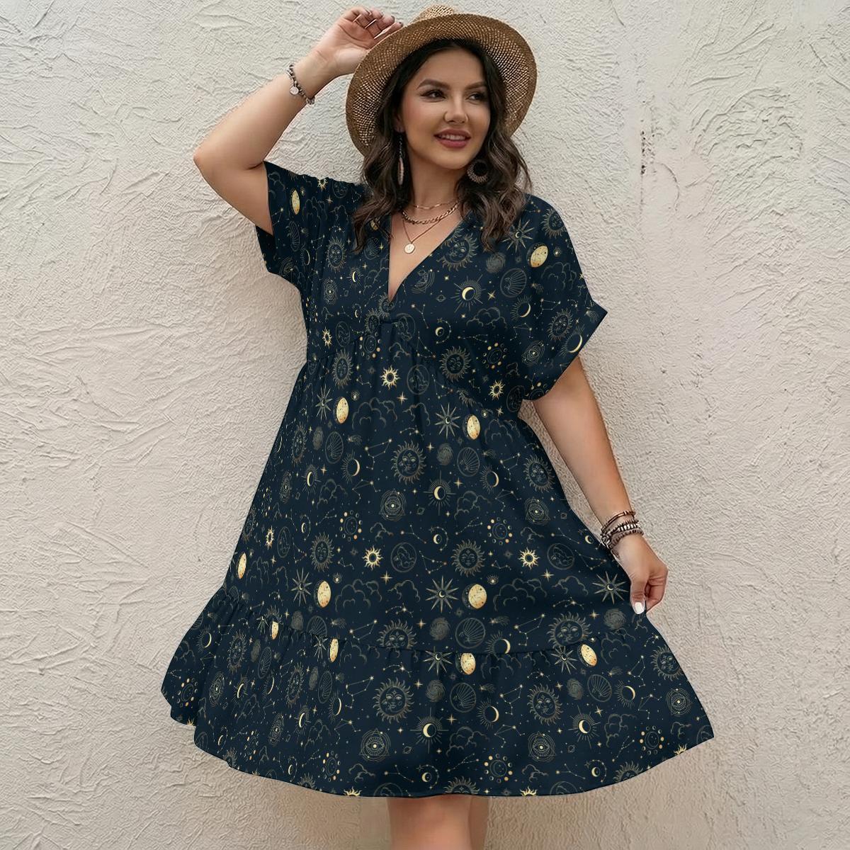 Celestial Sun Moon Babydoll Mini Dress, Navy Boho Astrology Print