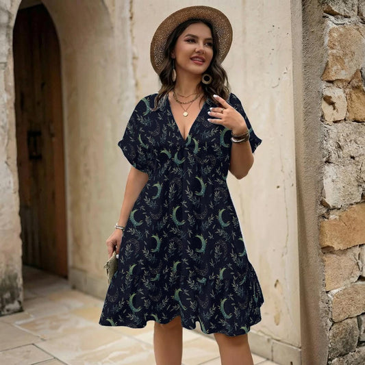 Navy Crescent Moon Botanical Babydoll Dress, Mystic Boho V Neck Mini Outfit