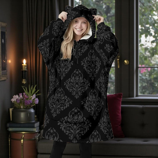 Gothic Black Damask Wearable Blanket Hoodie, Oversized Dark Academia Lounge Gift