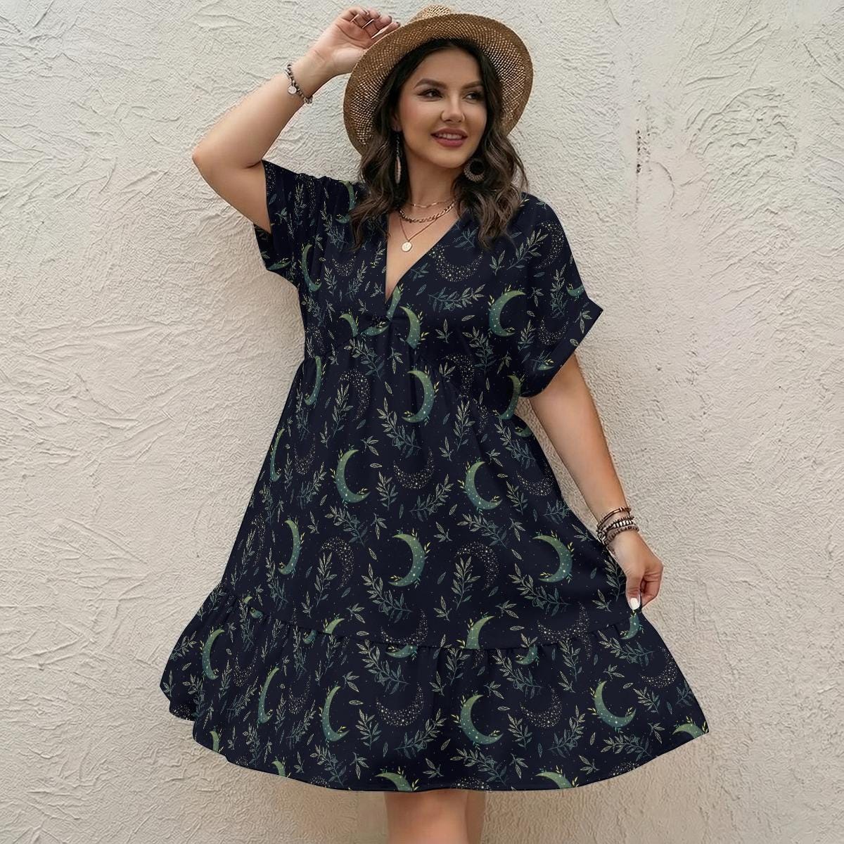 Navy Crescent Moon Botanical Babydoll Dress, Mystic Boho V Neck Mini Outfit