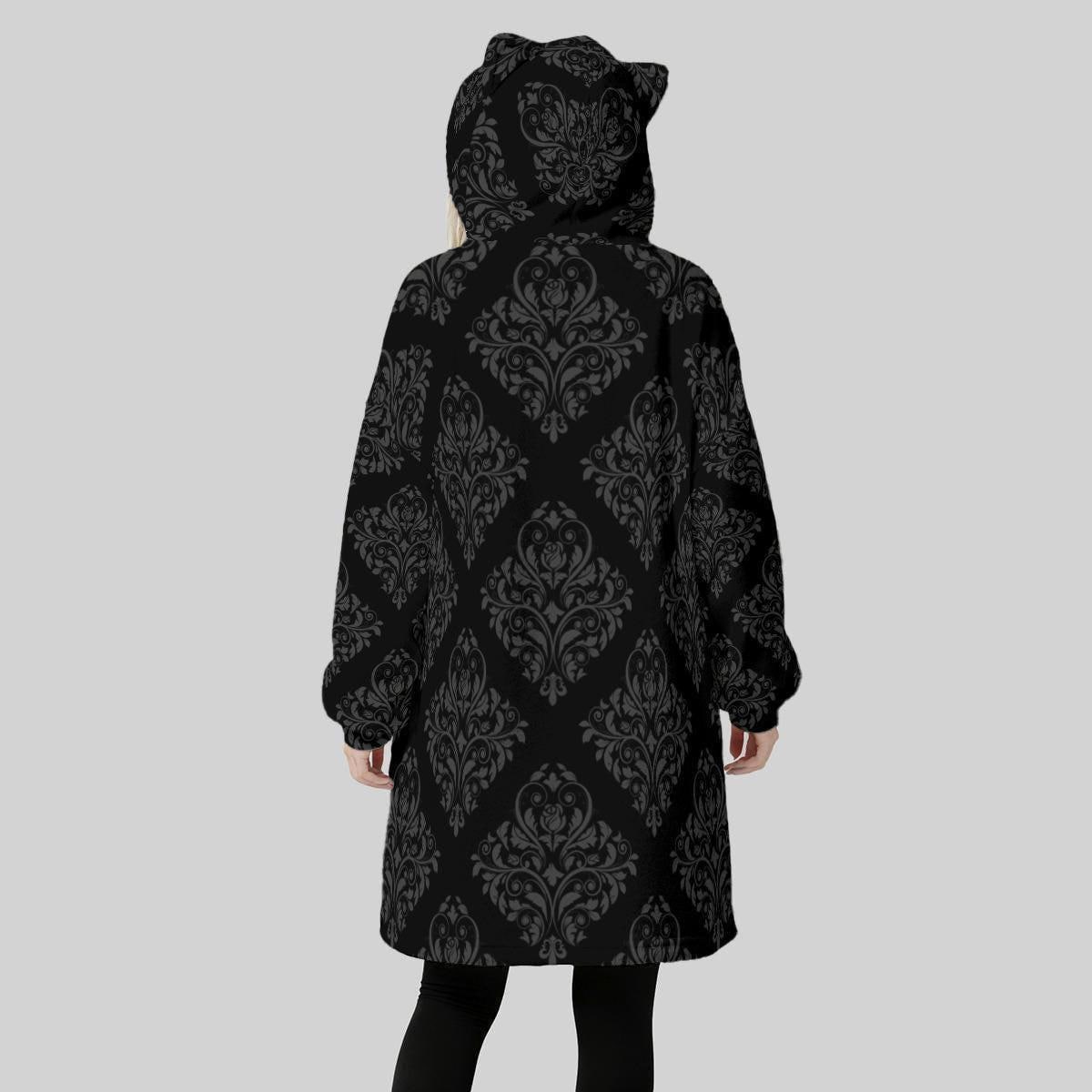 Gothic Black Damask Wearable Blanket Hoodie, Oversized Dark Academia Lounge Gift