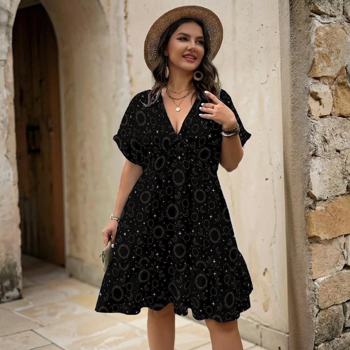 Black Celestial Moon Phase Babydoll Mini Dress, Astrology V Neck Sundress