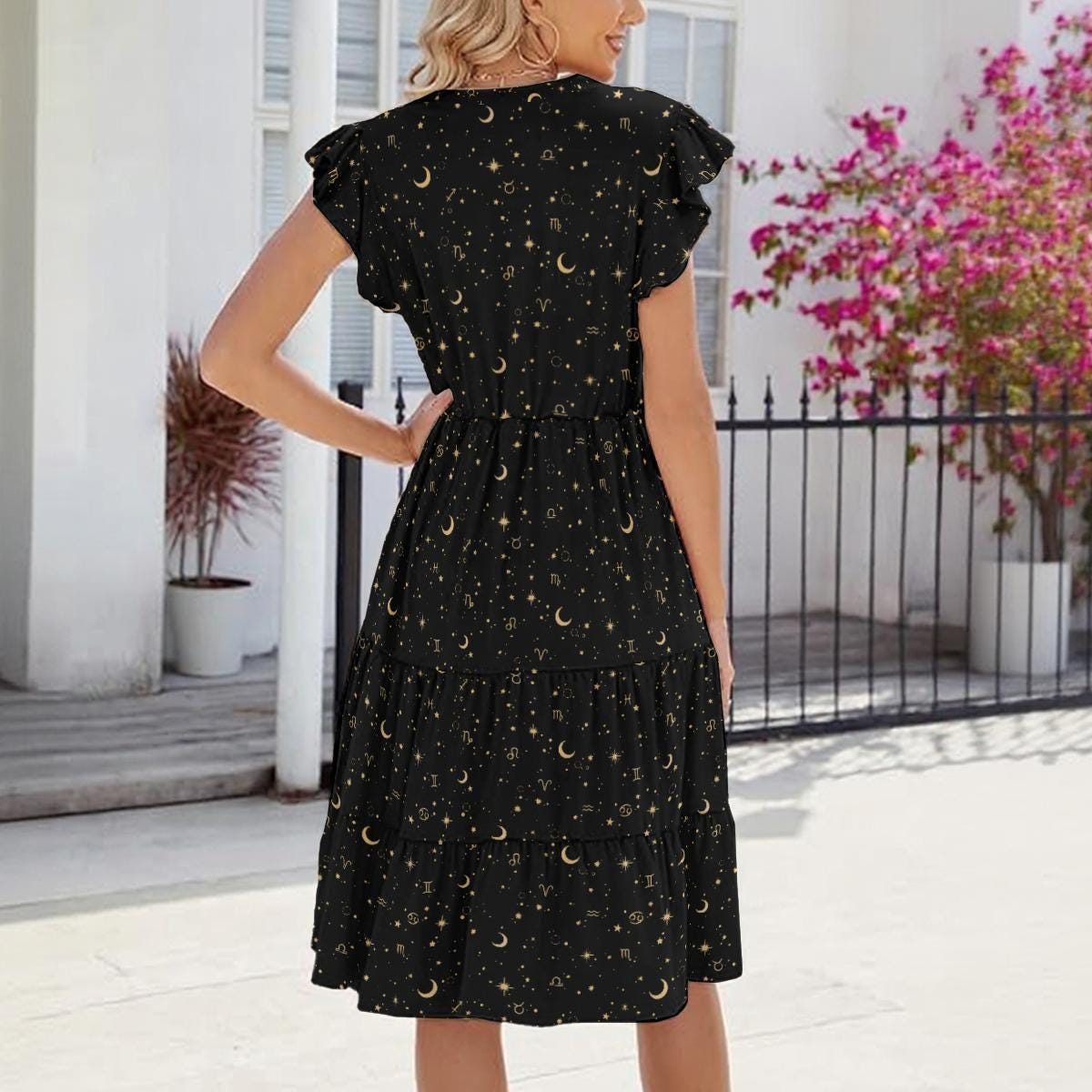 Black Celestial Dress, Gold Moon Star Print, V-Neck Flutter Sleeve, Astrology Style Summer Outfit