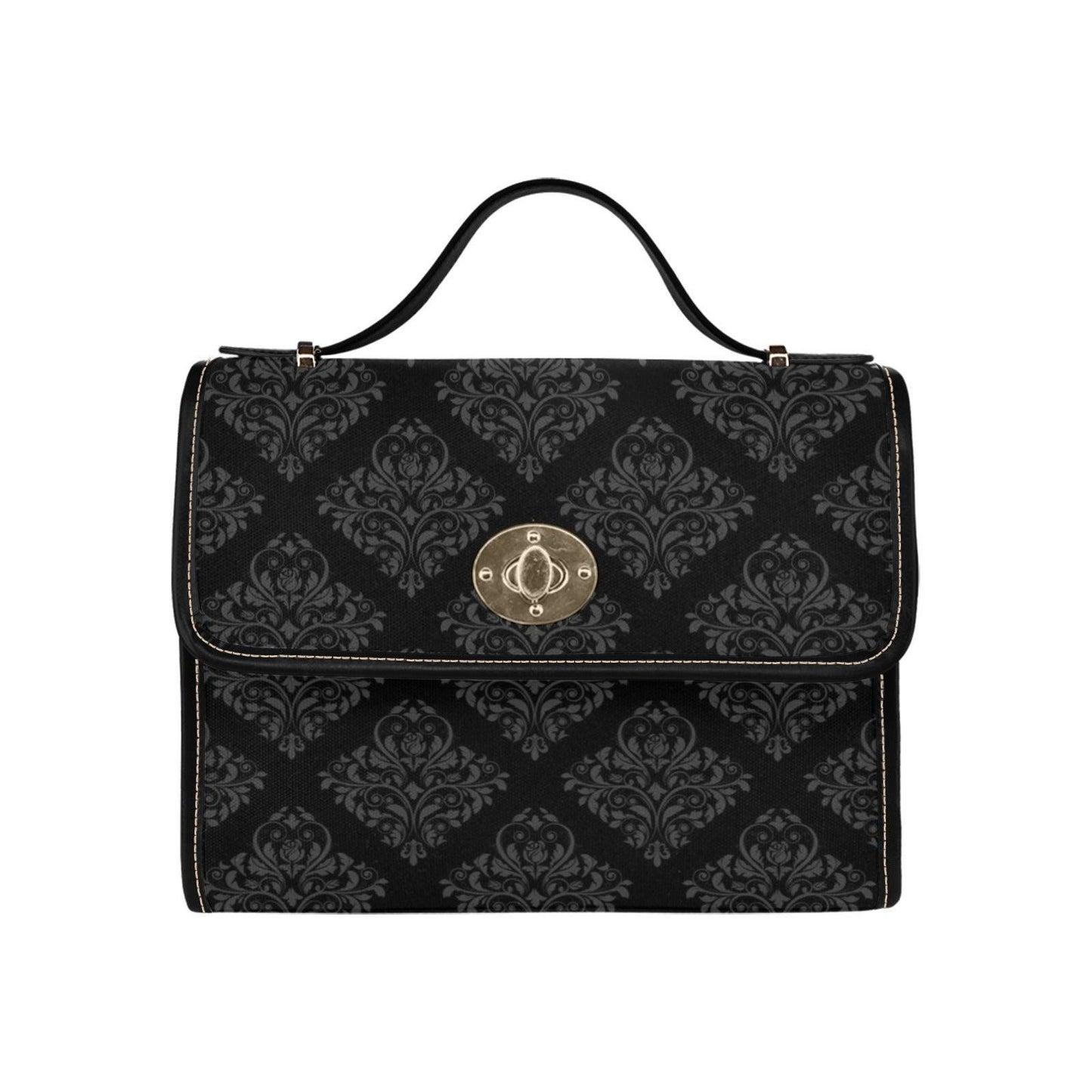Black Damask Satchel Handbag, Baroque Top Handle Purse, Dark Academia Evening Bag