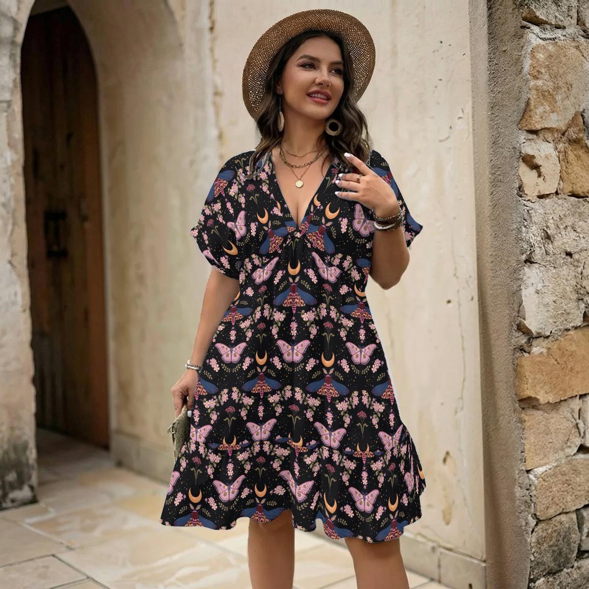 Boho Moth Dress, Moon Butterfly Floral Midi Dress, V Neck Festival Outfit for Women