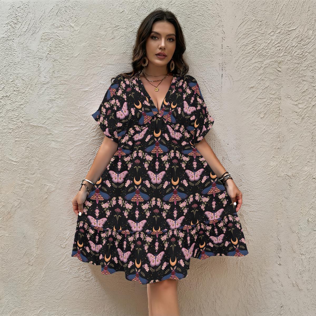 Boho Moth Dress, Moon Butterfly Floral Midi Dress, V Neck Festival Outfit for Women