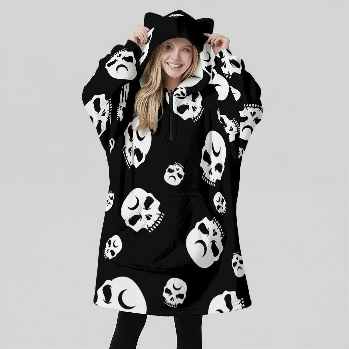 Gothic skull wearable blanket hoodie, spooky black lounge throw, cozy Halloween gift