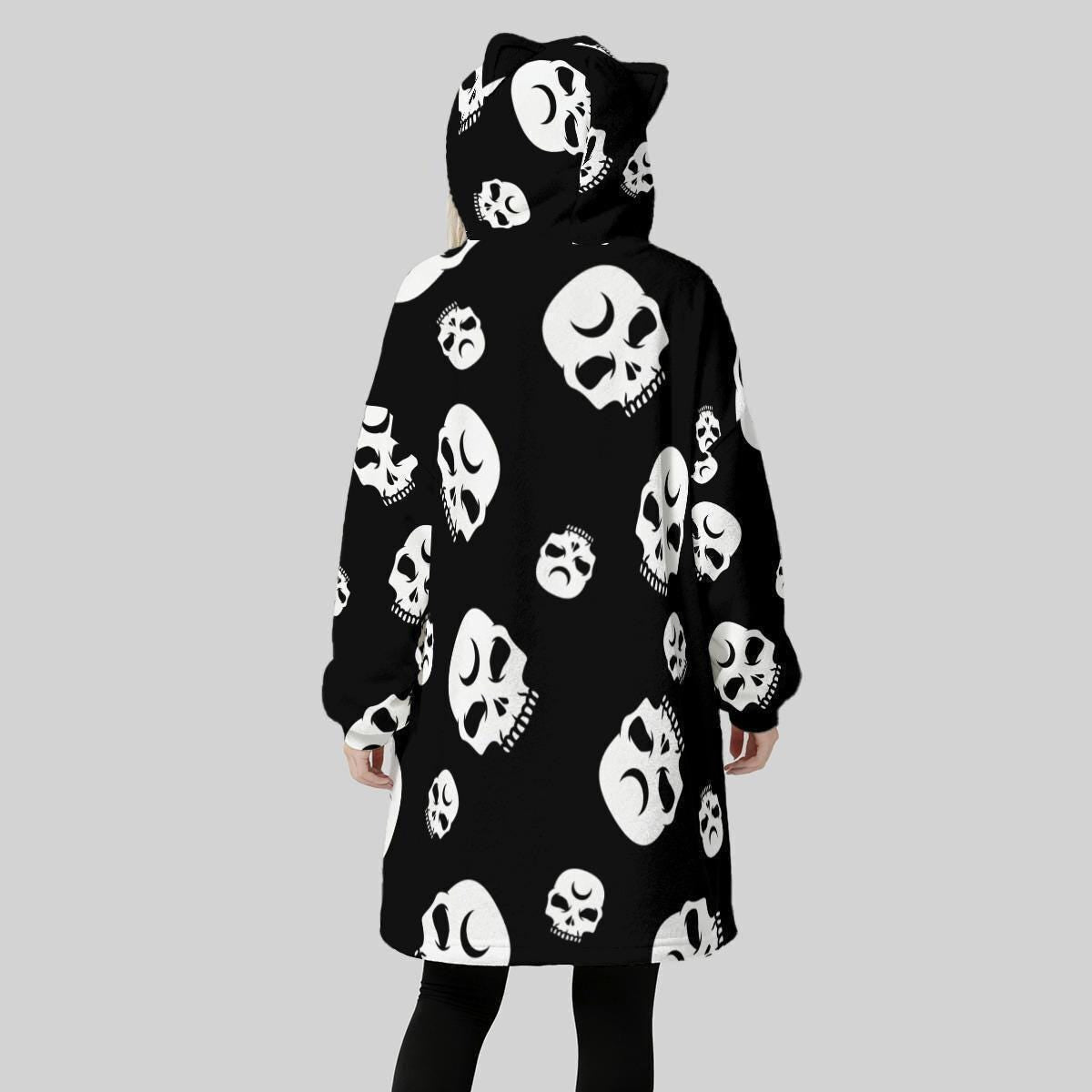 Gothic skull wearable blanket hoodie, spooky black lounge throw, cozy Halloween gift