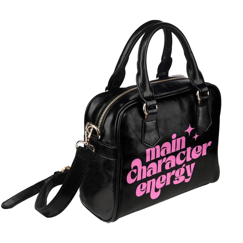 Black Bowler Bag, Pink Slogan Main Character Energy Handbag