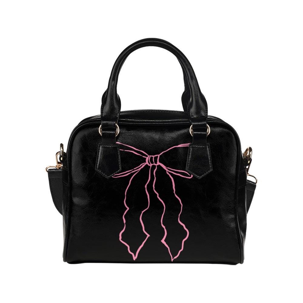Pink bow satchel purse, coquette handbag, black ribbon top handle bag, feminine shoulder purse for girly outfits