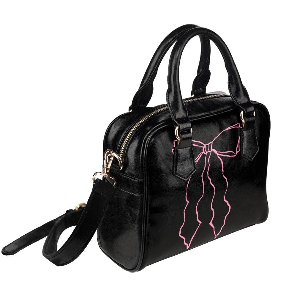 Pink bow satchel purse, coquette handbag, black ribbon top handle bag, feminine shoulder purse for girly outfits