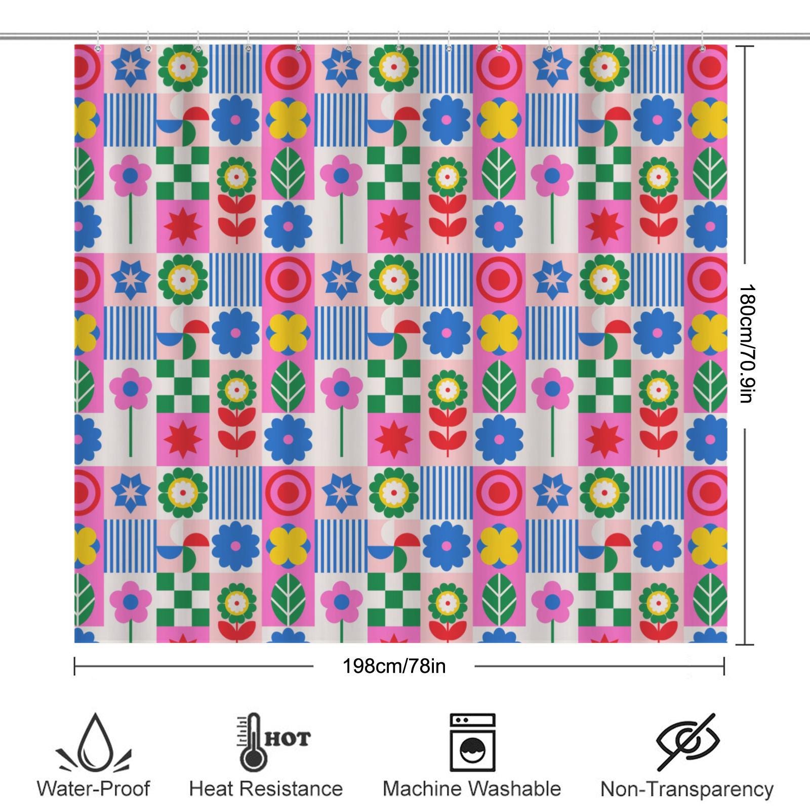 Retro flower shower curtain, dopamine overload bathroom decor, bold 70s pop art style, colorful maximalist home aesthetic, y2k gift ide