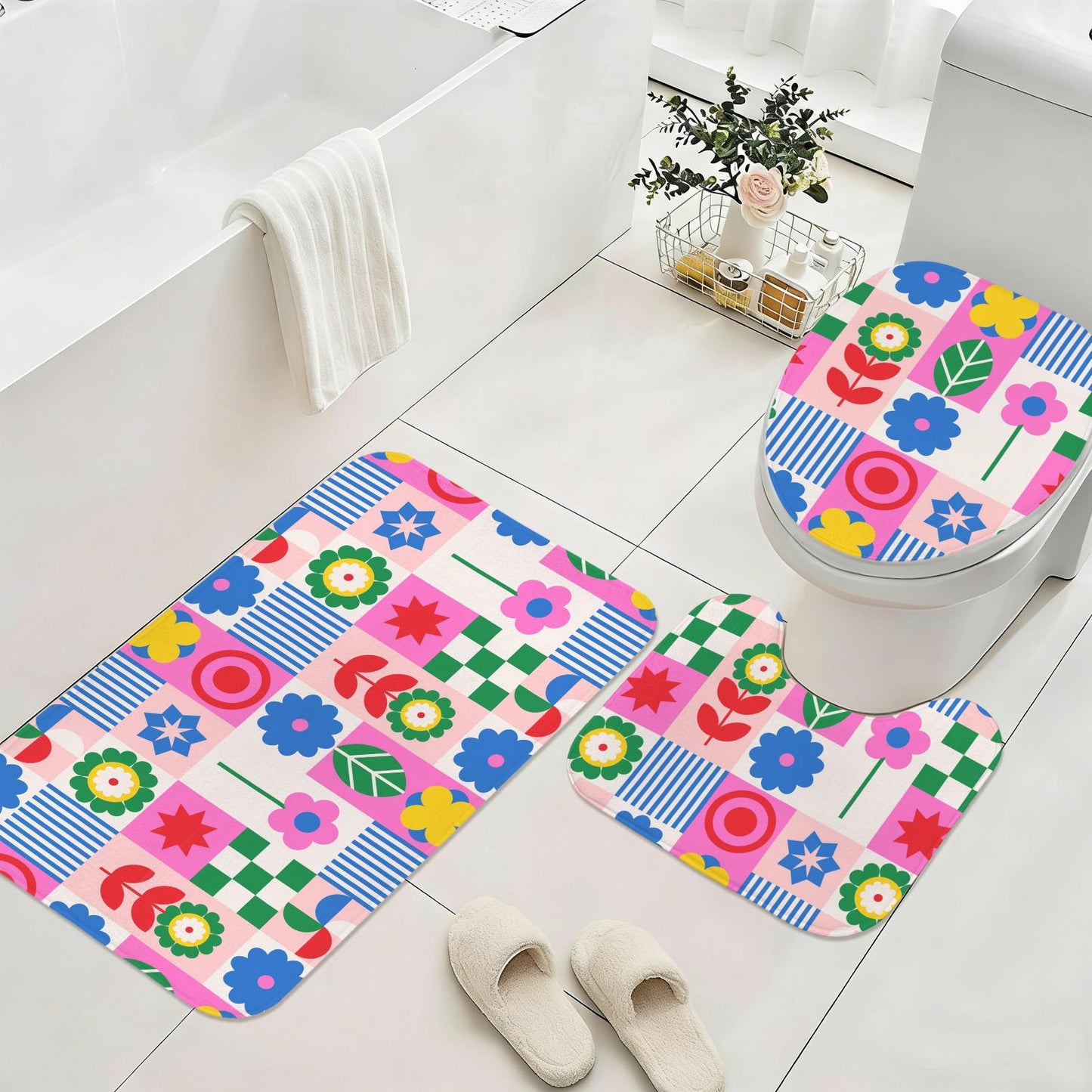 Retro flower shower curtain, dopamine overload bathroom decor, bold 70s pop art style, colorful maximalist home aesthetic, y2k gift ide