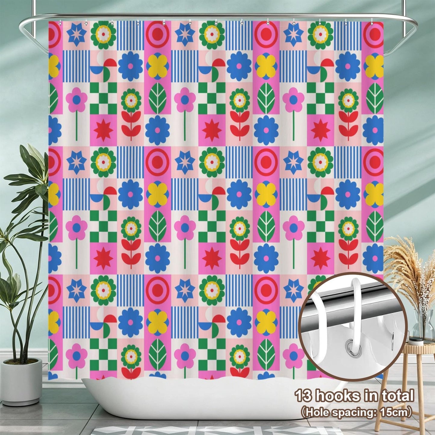 Retro flower shower curtain, dopamine overload bathroom decor, bold 70s pop art style, colorful maximalist home aesthetic, y2k gift ide