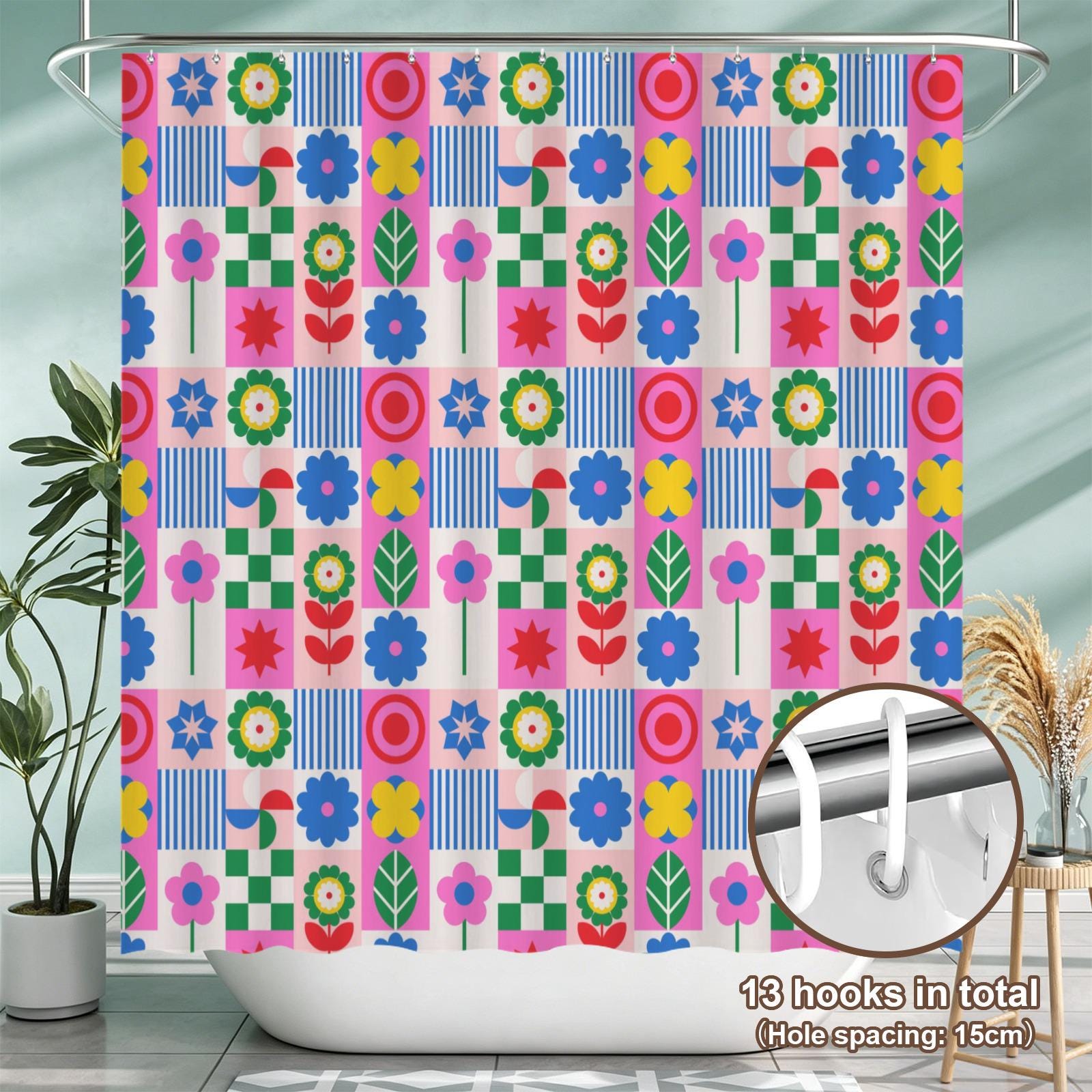 Retro flower shower curtain, dopamine overload bathroom decor, bold 70s pop art style, colorful maximalist home aesthetic, y2k gift ide