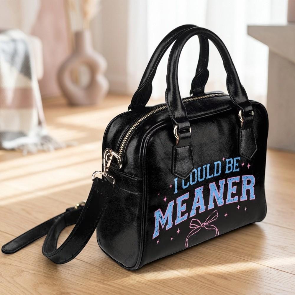Black Varsity Bowler Bag, "I Could Be Meaner" Quote, Pink Blue Attitude Satchel