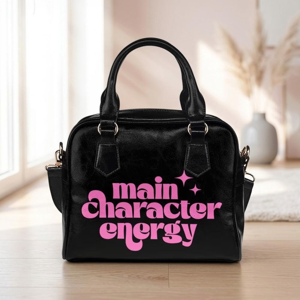 Black Bowler Bag, Pink Slogan Main Character Energy Handbag