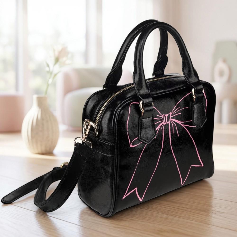 Coquette Bow Handbag, Black Pink Satchel Purse, Girly Goth Shoulder Bag