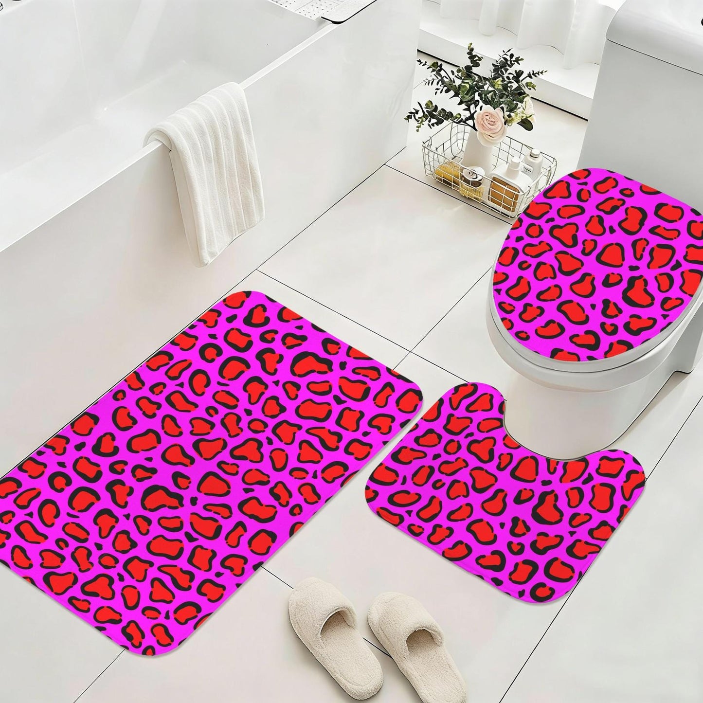 Hot pink leopard shower curtain, dopamine wild bathroom decor, bold animal print baddie aesthetic, y2k maximalist alt bath style, gift idea