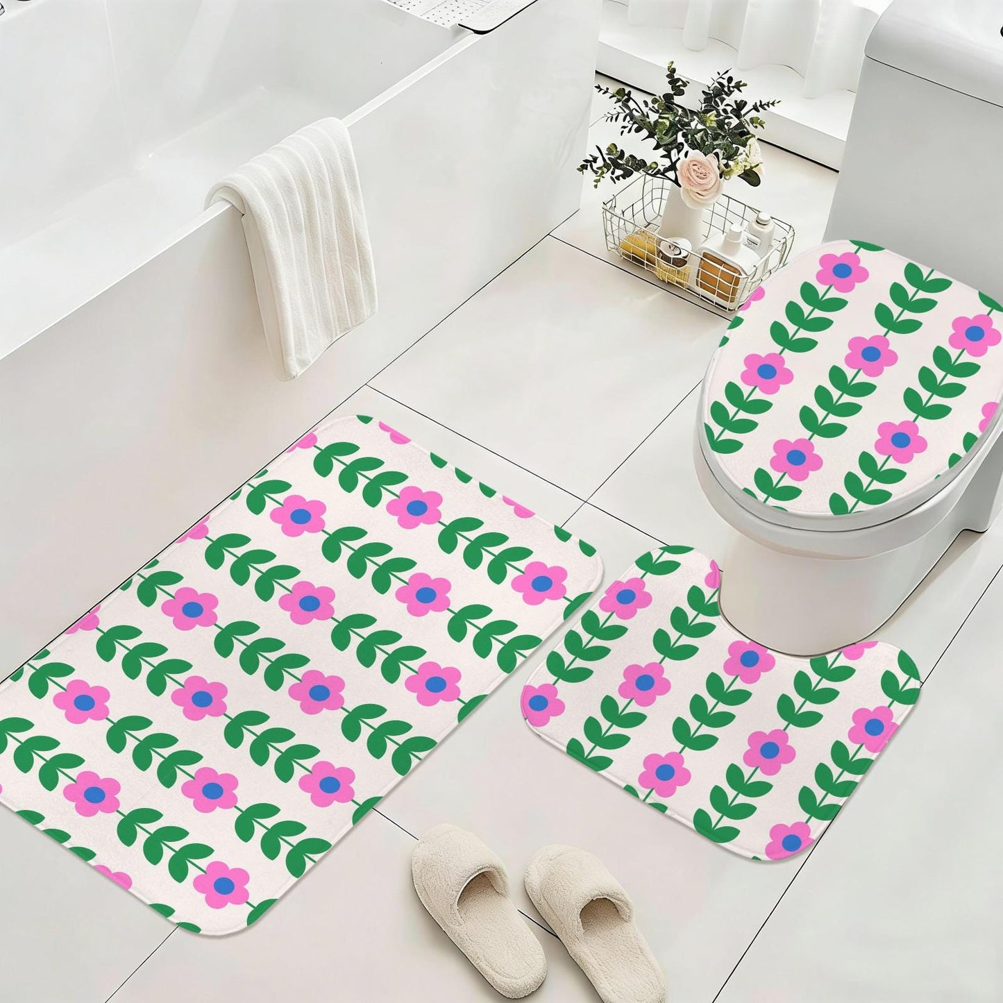 Retro flower shower curtain, bold pink green floral print decor, dopamine vintage aesthetic bath style, colorful girly home update, gift
