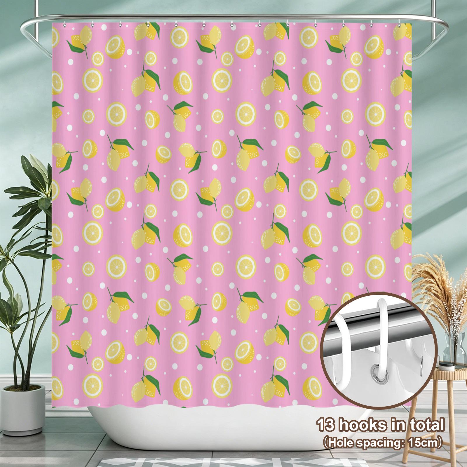 Lemon Shower Curtain, Pink Citrus Floral Print, Dopamine Decor