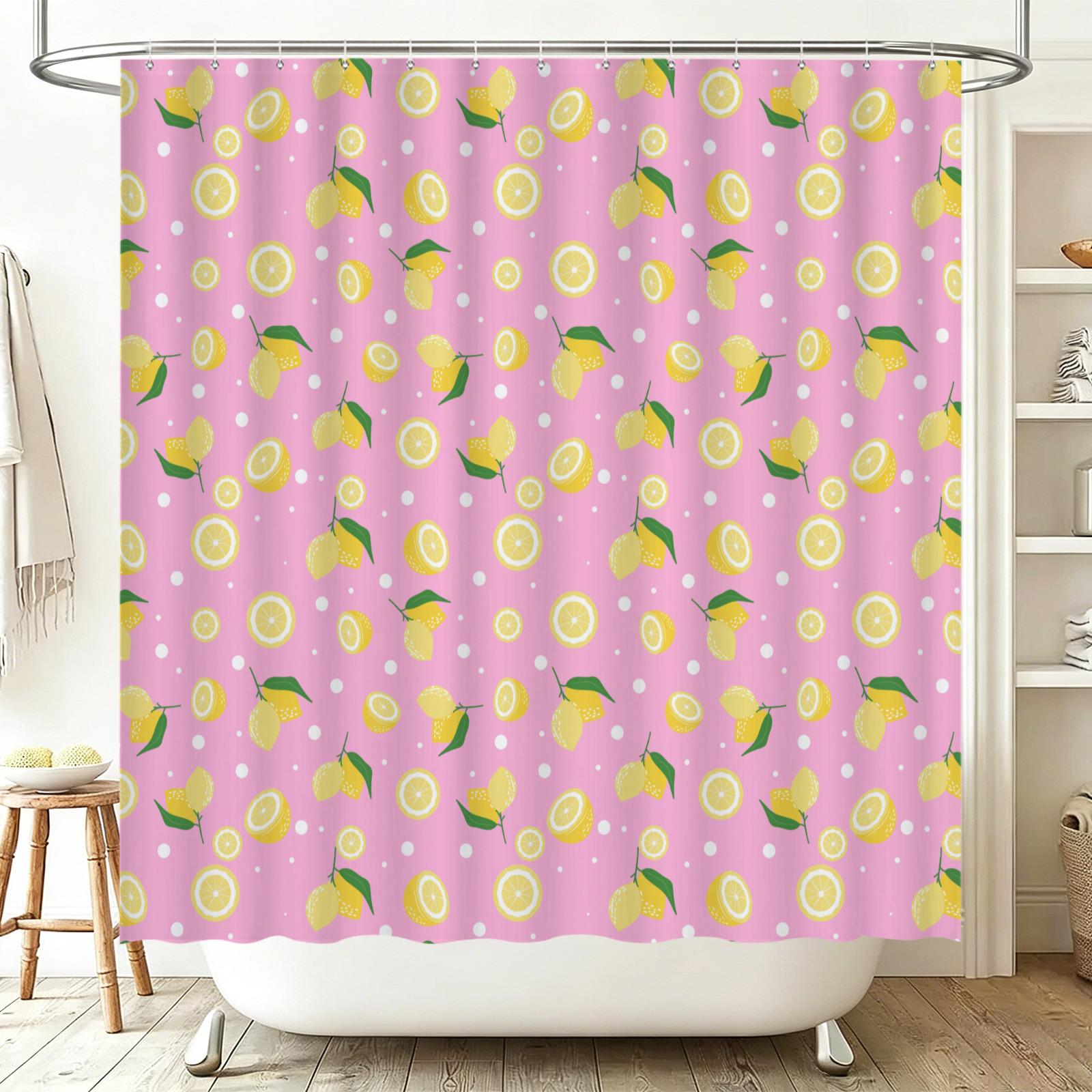 Lemon Shower Curtain, Pink Citrus Floral Print, Dopamine Decor