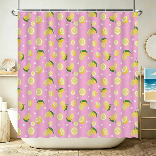 Lemon Shower Curtain, Pink Citrus Floral Print, Dopamine Decor