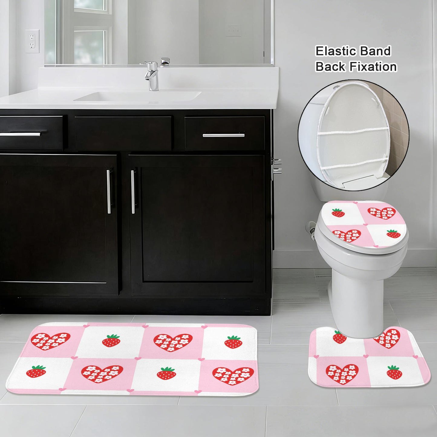 Strawberry Shower Curtain, Pink Check Bathroom Curtain, Coquette Heart Bath Decor