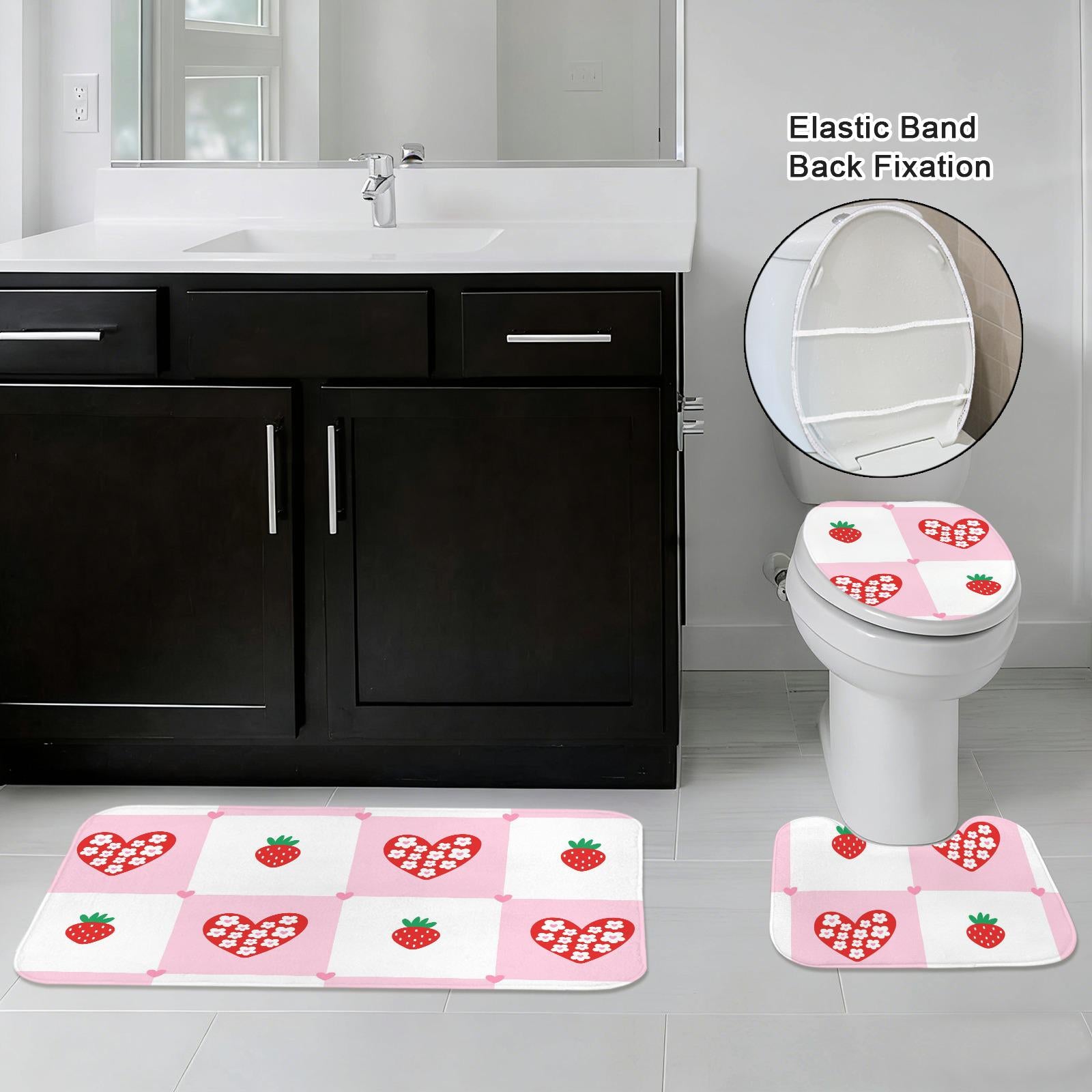 Strawberry Shower Curtain, Pink Check Bathroom Curtain, Coquette Heart Bath Decor
