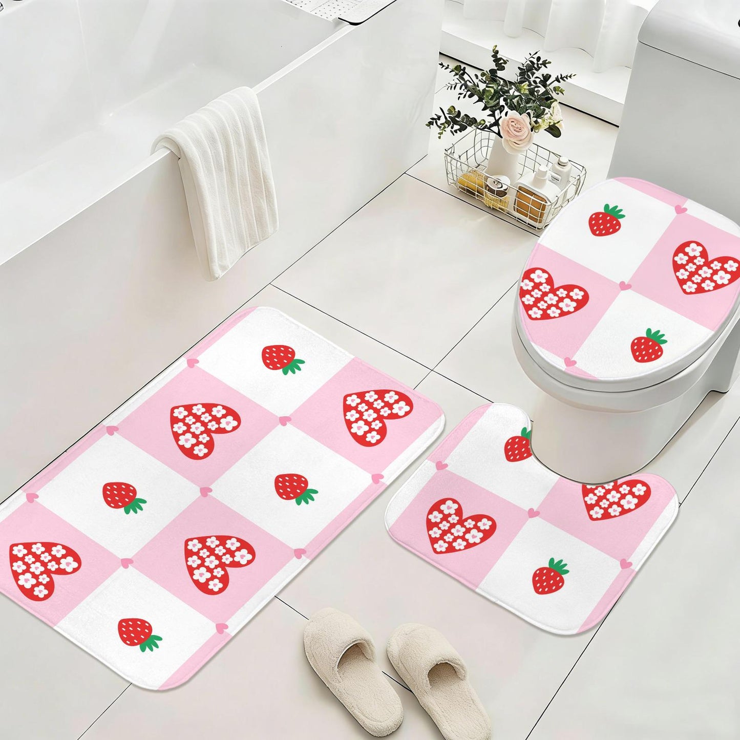 Strawberry Shower Curtain, Pink Check Bathroom Curtain, Coquette Heart Bath Decor